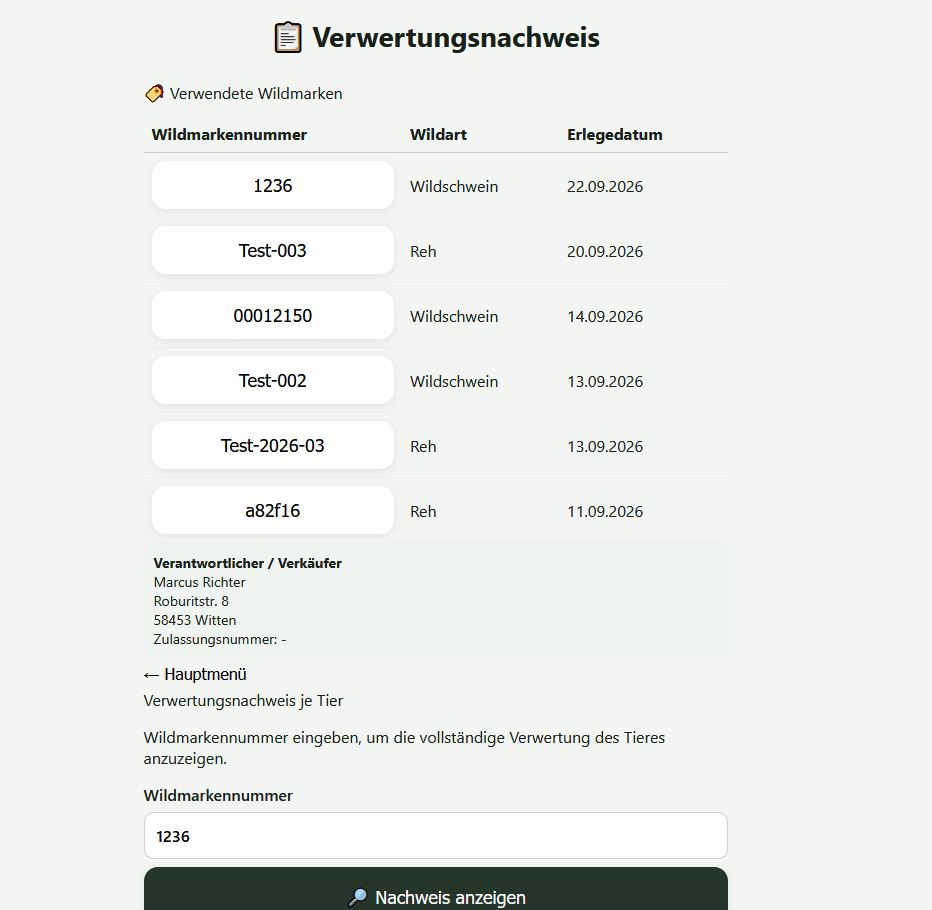Verwertungsnachweis, Suche nach Wildmarkennummer