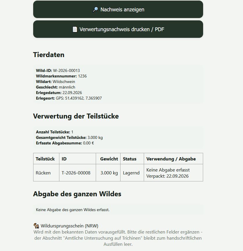 Verwertungsnachweis, Detailansicht mit Druckfunktion