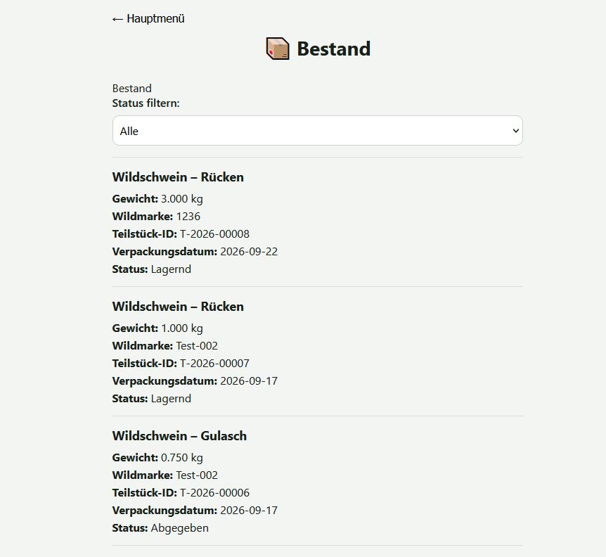 Bestandsübersicht der Teilstücke mit Gewicht, Wildmarke und Status