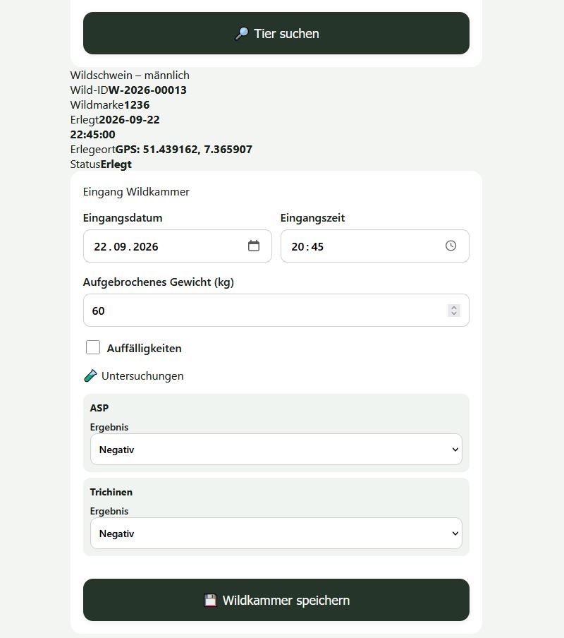 Eingang Wildkammer mit aufgebrochenem Gewicht sowie ASP- und Trichinen-Ergebnis